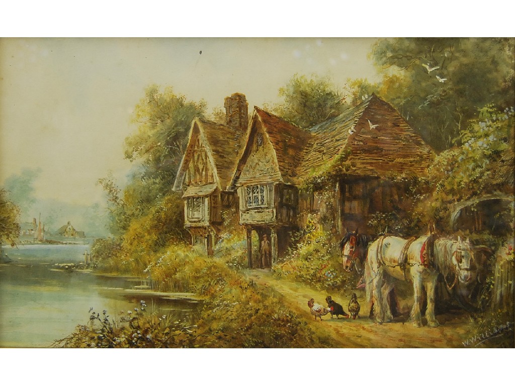 Appraisal: W Williams - Horses outside a timbered cottage by a