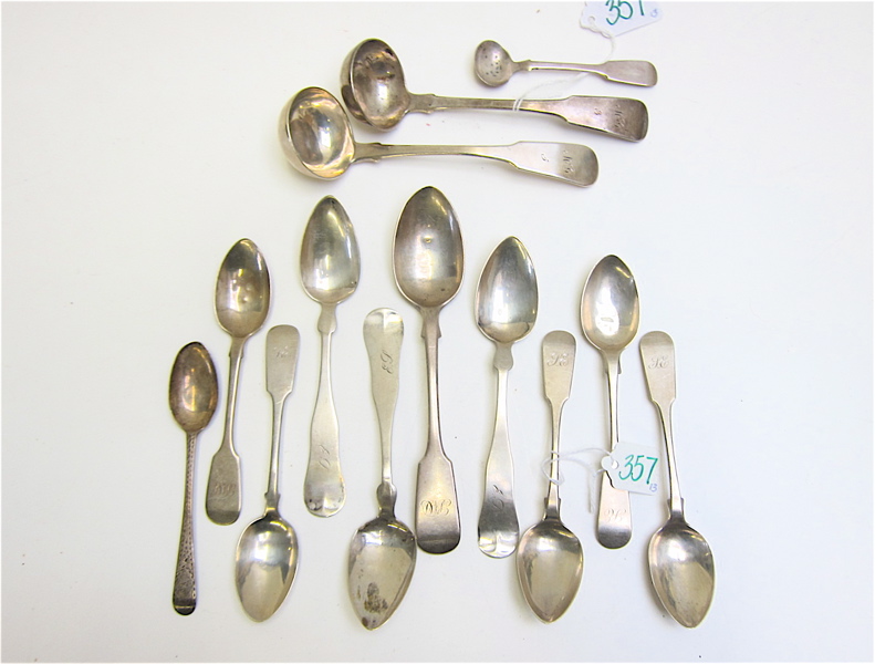 Appraisal: THIRTEEN PIECES STERLING AND COIN SILVER FLATWARE sterling pair Georgian