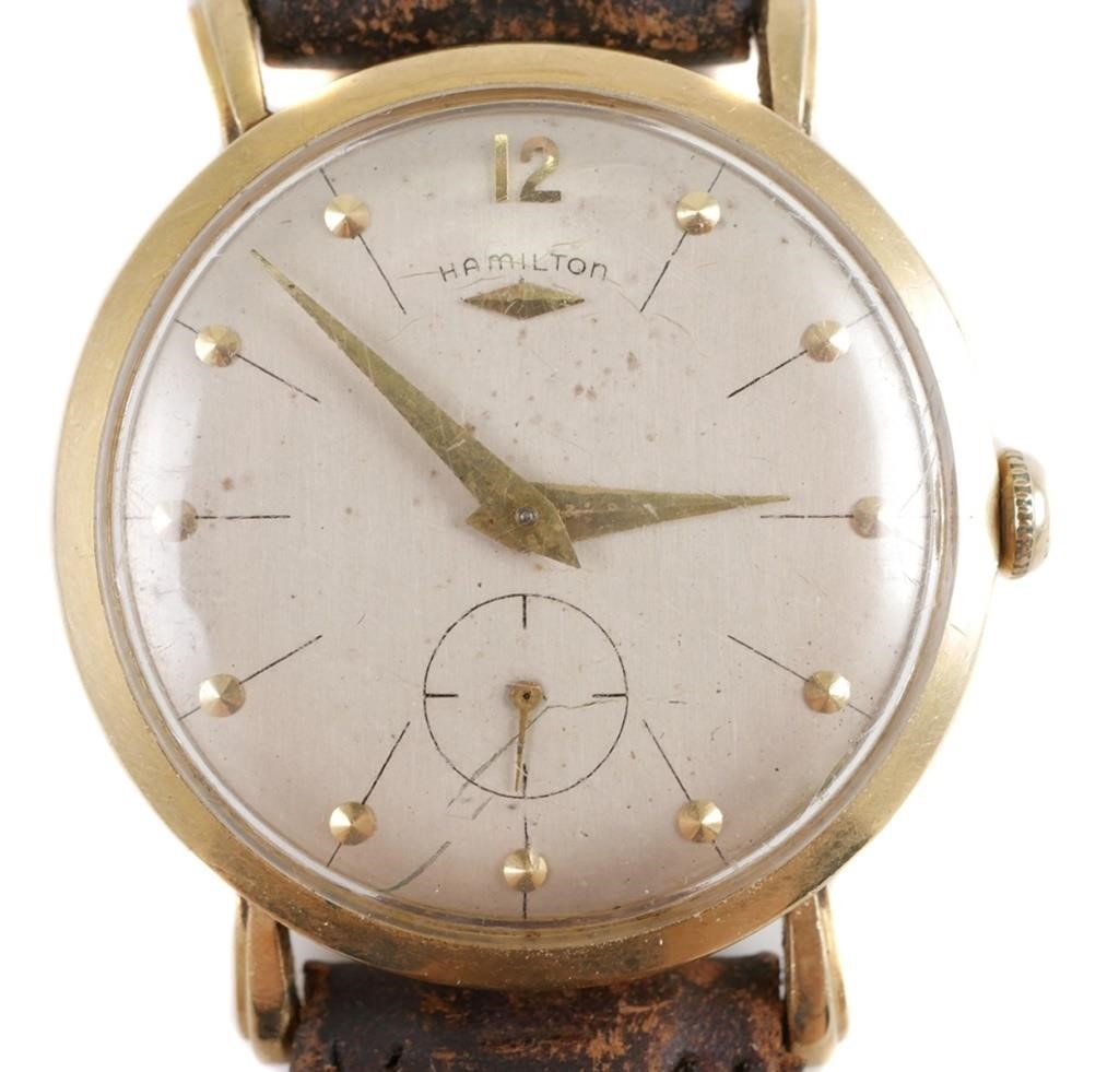 Appraisal: Mens vintage Hamilton k gold wristwatch Runs when wound Presentation