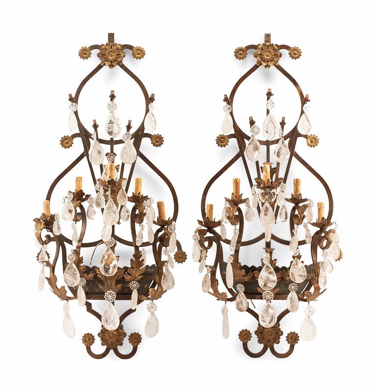 Appraisal: A Pair of Spanish Iron and Rock Crystal Five-Light Sconces