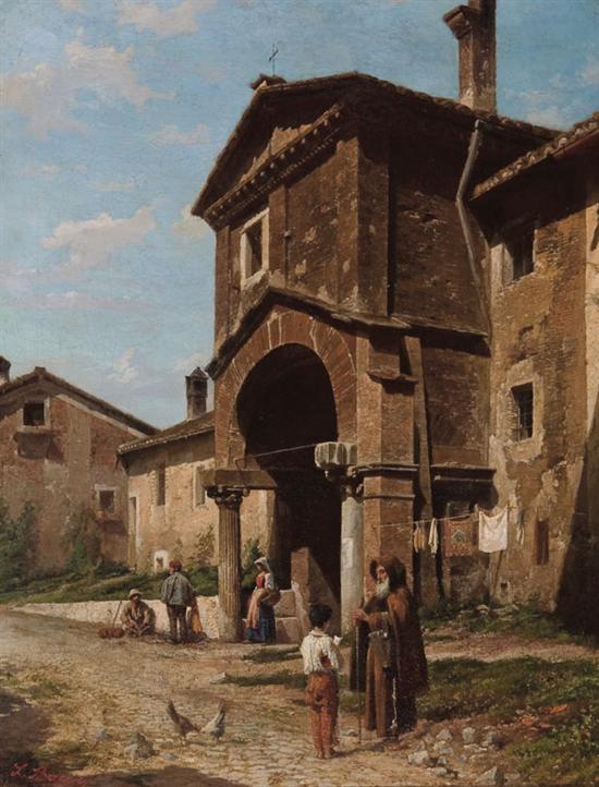 Appraisal: LUIGI BAZZANI Italian - Figures in an Italian Village oil