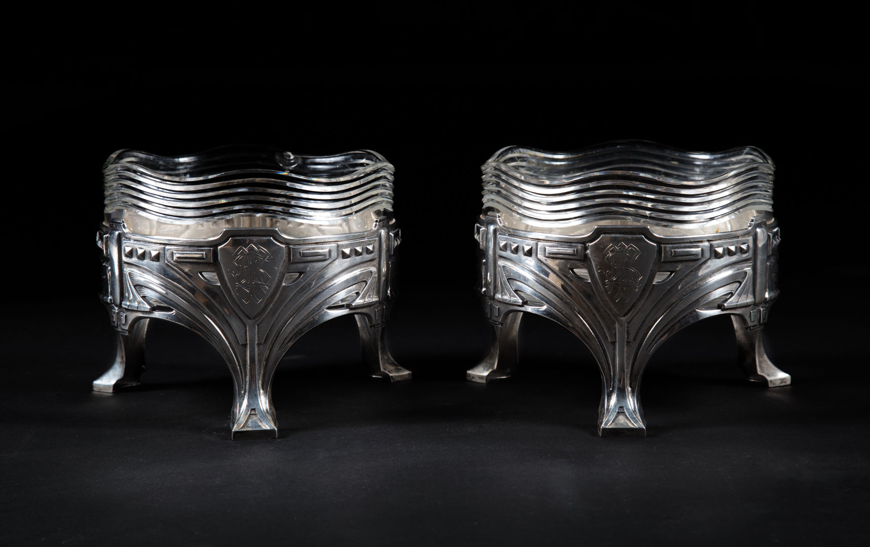 Appraisal: Pair of German silver cut glass serving dishes German Secession