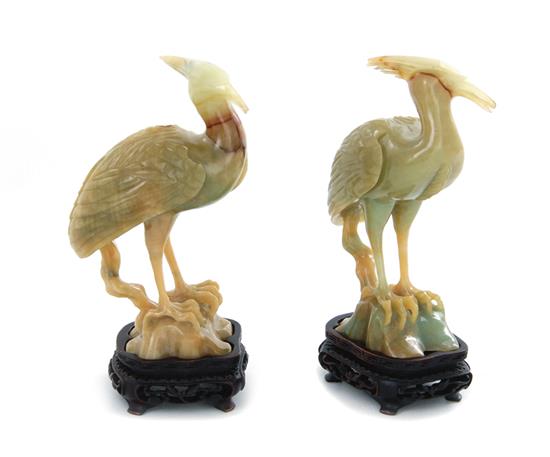 Appraisal: Pair Chinese carved jade shorebirds Republic period or later crested