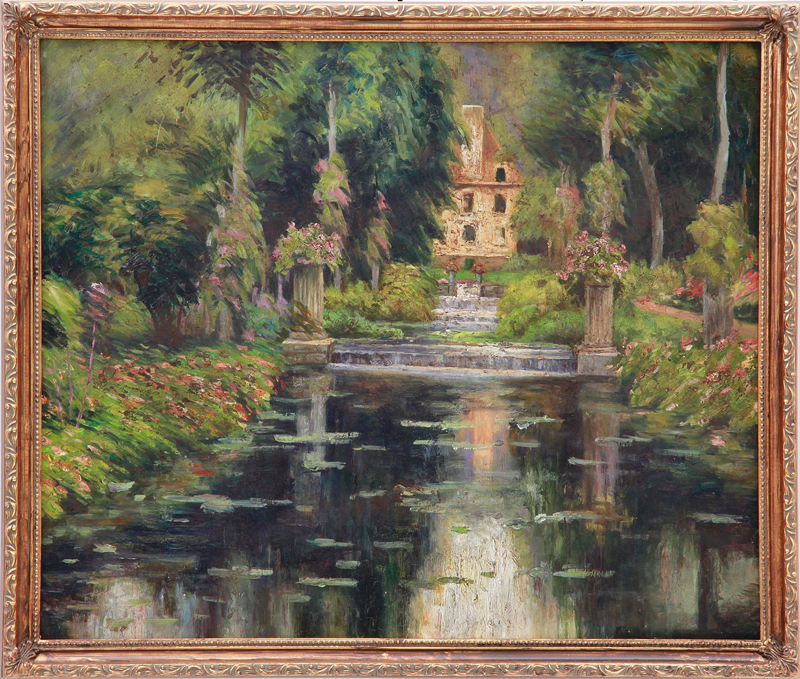 Appraisal: Southern school th century GARDEN LANDSCAPE oil on board framed