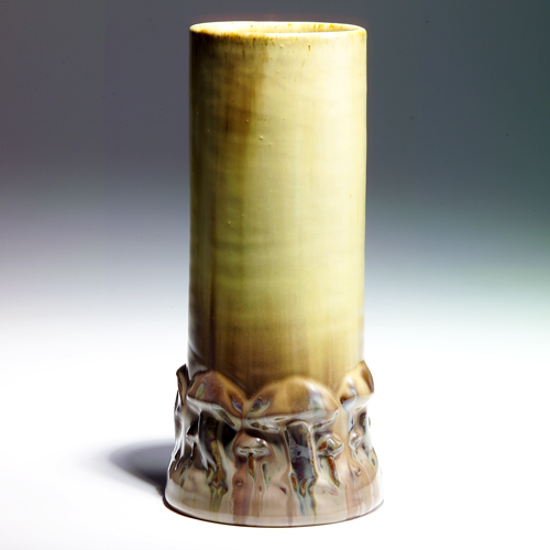 Appraisal: FULPER Vase embossed with mushrooms and covered in yellow-to-mauve flambe