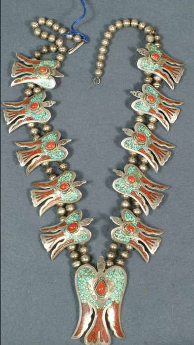 Appraisal: Unmarked silver turquoise and coral inlaid squash blossom necklace Estimate