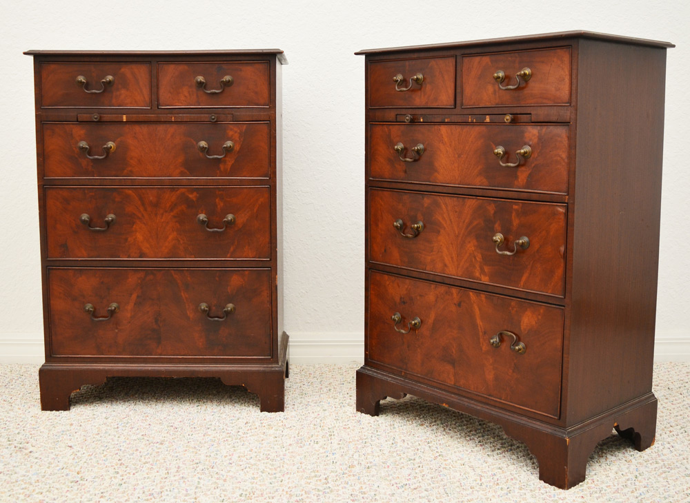 Appraisal: PAIR DIMINUTIVE MAHOGANY MULTI DRAWER SIDE CHESTS Mahogany veneer half