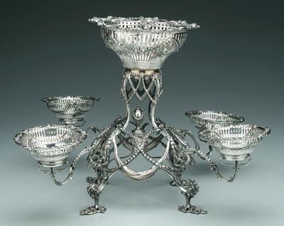 Appraisal: George III English silver epergne round central openwork basket with