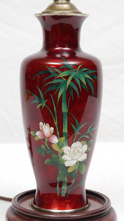 Appraisal: PIGEON BLOOD CLOISONNE LAMP Pigeon blood field floral and bamboo