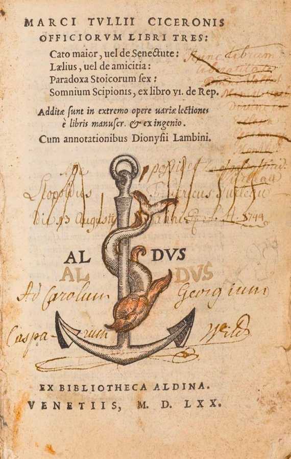 Appraisal: OLD PRINTS- Cicero Marcus Tullius Officiorum libri tres Venice Bibliotheca