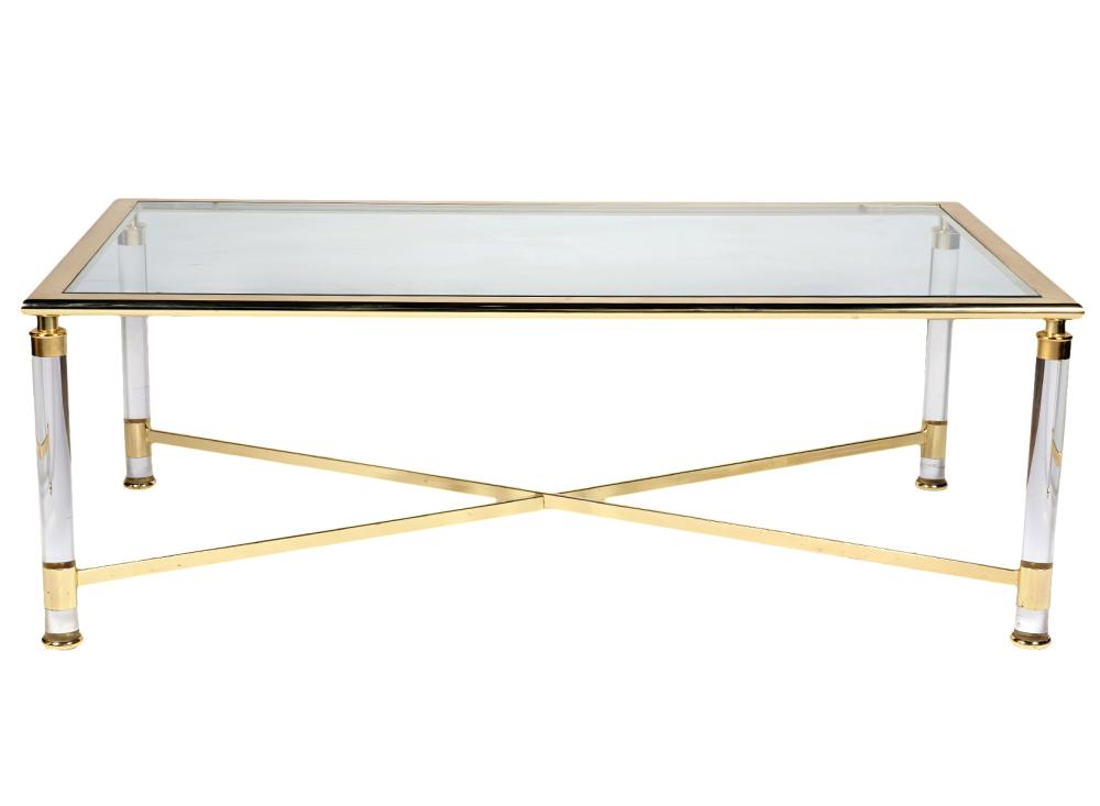 Appraisal: MID-CENTURY BRASS LUCITE GLASS COFFEE TABLEMid-century brass and lucite coffee