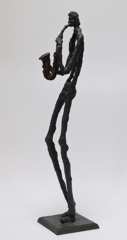 Appraisal: MODERNIST BRONZE SCULPTURE OF A SAXOPHONIST Europe th CenturyBrutalist sculpture