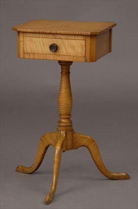 Appraisal: FEDERAL FIGURED MAPLE TRIPOD WORK TABLE The top with chamfered