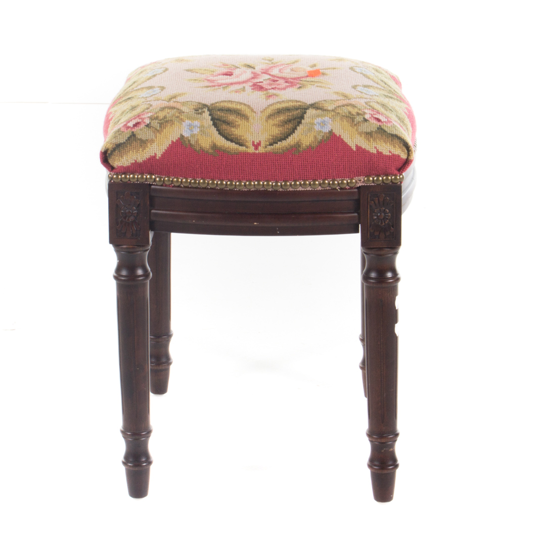 Appraisal: Louis XVI style needlepoint upholstered stool carved and stained wood