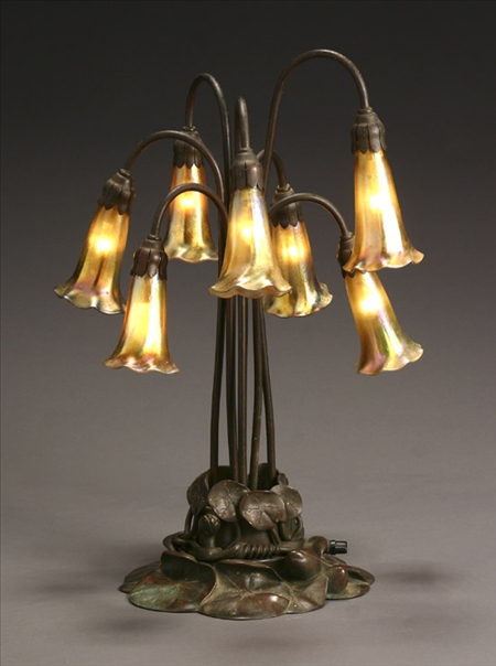 Appraisal: Tiffany Studios Favrile Glass and Bronze Seven-Light 'Lily' Lamp Circa