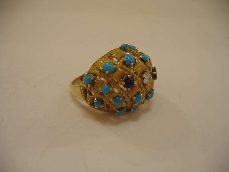 Appraisal: TURQUOISE EARRINGS AND RING k yellow gold dome ring set