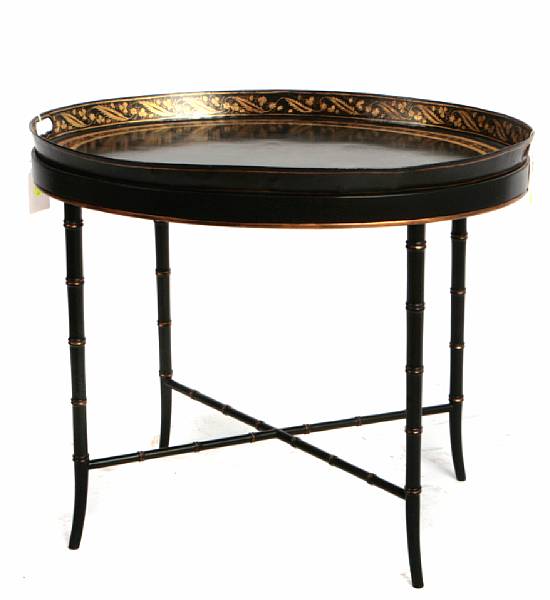 Appraisal: A Victorian black tole and stencil oval tray with stand