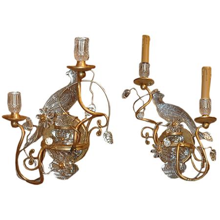 Appraisal: Pair of Gilt-Metal and Glass Bird-Form Two-Light Sconces Estimate -