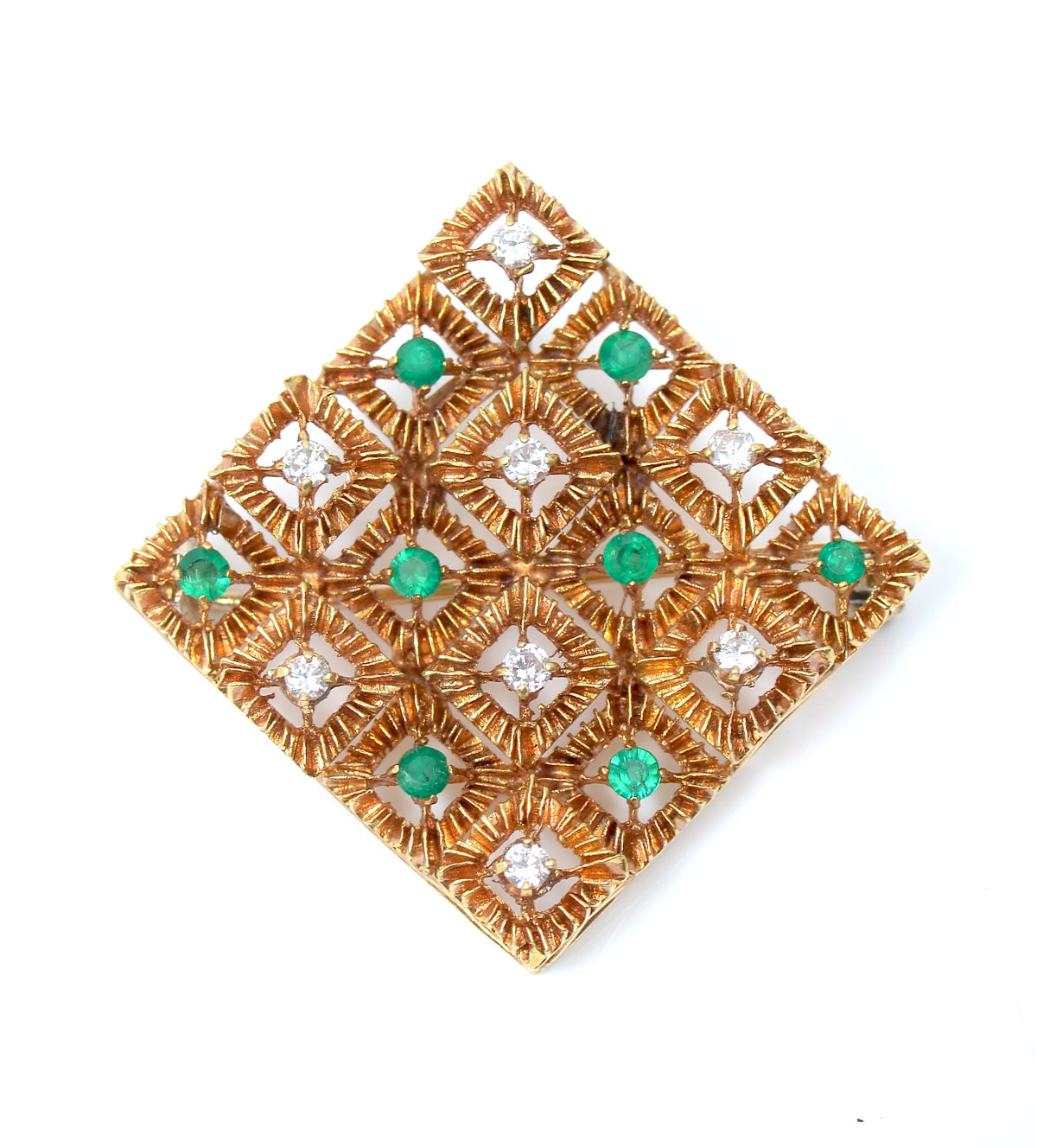 Appraisal: K EMERALD DIAMOND BROOCH K yellow gold '' square brooch