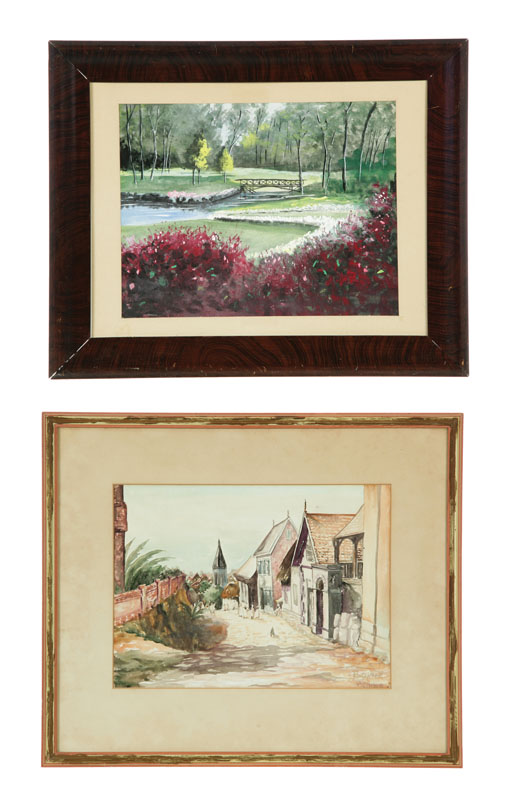 Appraisal: TWO PAINTINGS Watercolors on paper Garden signed ''Guyot'' in a