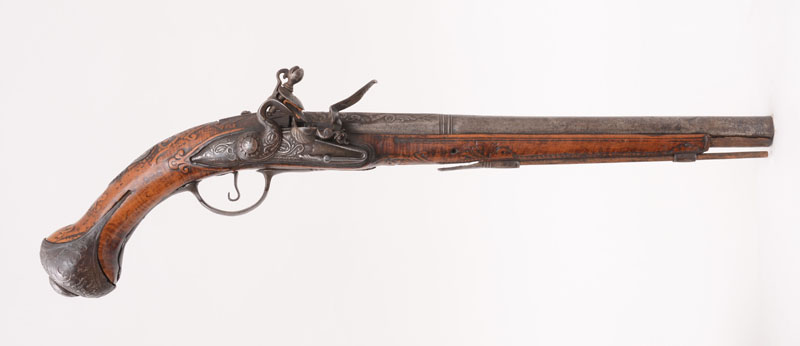 Appraisal: CONTINENTAL FLINTLOCK HOLSTER PISTOL Long flintlock holster pistol with chiseled