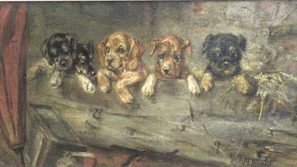 Appraisal: Max Lebling German - Five puppies in a stable trough