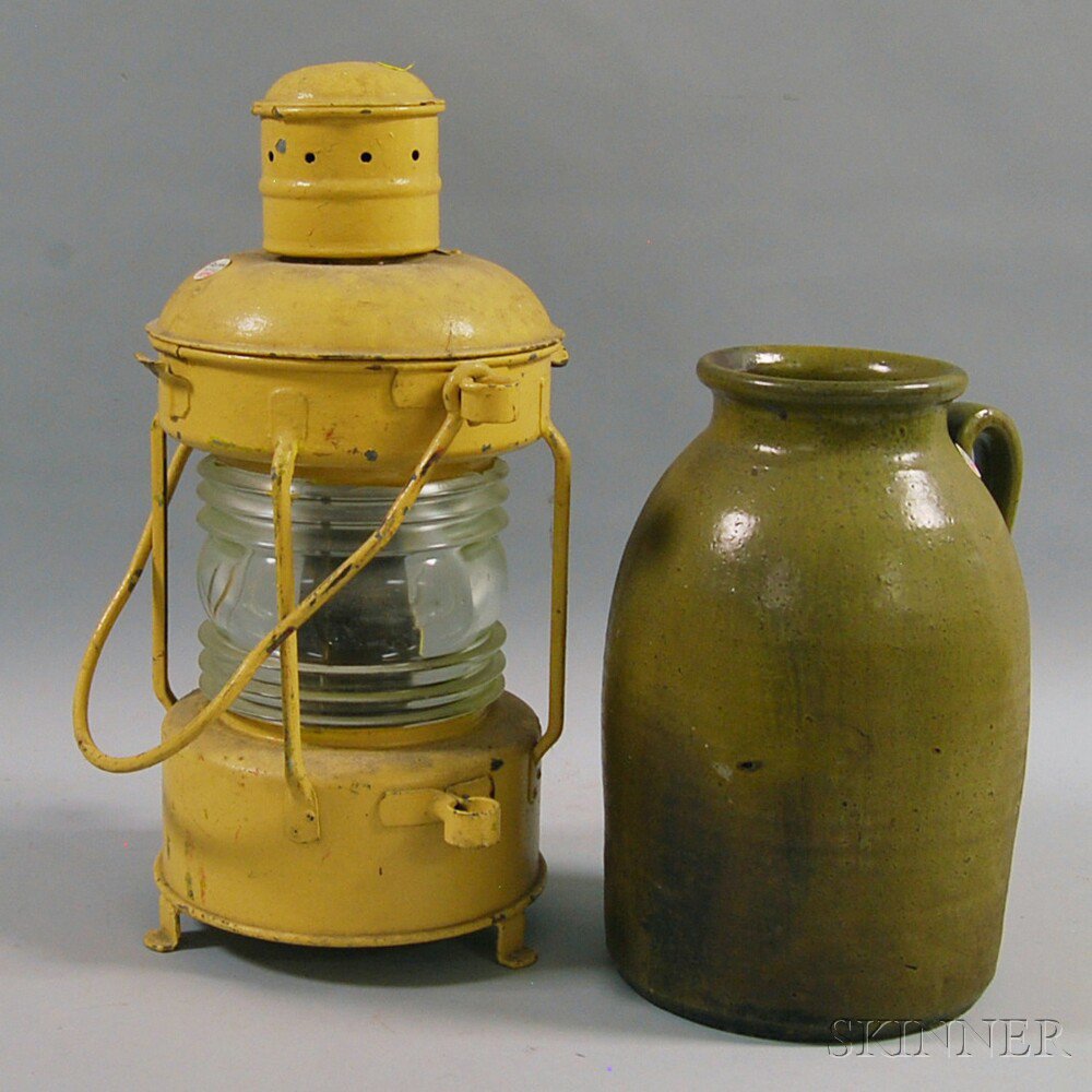 Appraisal: Yellow-painted Galvanized Metal Ship's Lantern and a Mustard-glazed Stoneware Jug