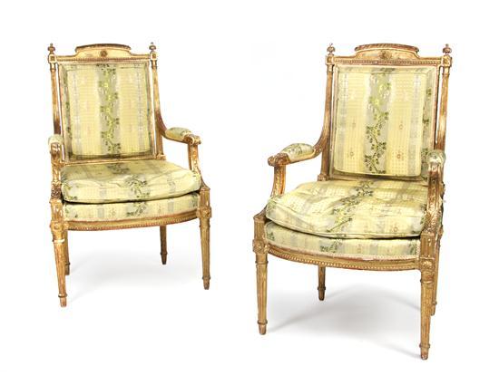 Appraisal: Pair of Louis XVI Giltwood Fauteuils th century with Scalamandre