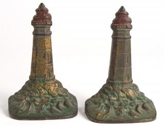 Appraisal: Pair Gilt Painted Bronze Lighthouse Bookends Vintage s H Wear