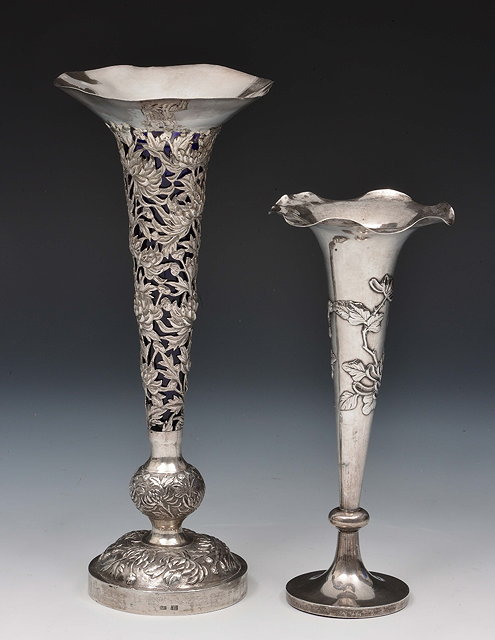 Appraisal: Two Chinese silver flower vaseslate th Centuryone pierced and moulded