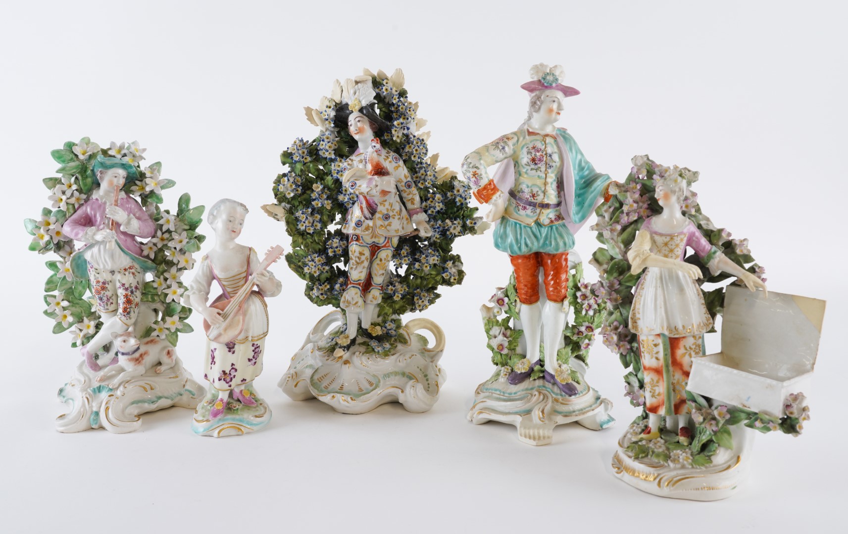 Appraisal: FIVE DERBY PORCELAIN FIGURES Circa Comprising an Italian farmer a