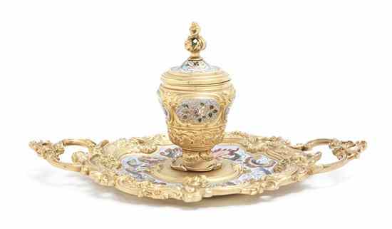 Appraisal: A Continental Gilt Bronze and Champleve Inkstand of circular handled