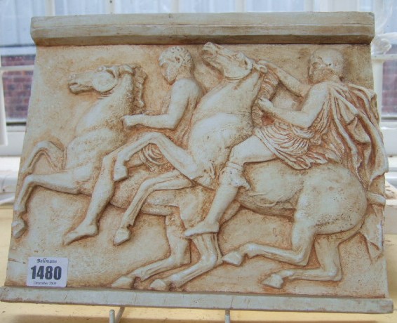 Appraisal: Three reproduction plaster wall plaques relief moulded with Grecian warriors