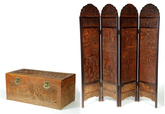 Appraisal: SCREEN AND STORAGE TRUNK Asian th century mixed woods Four-panel