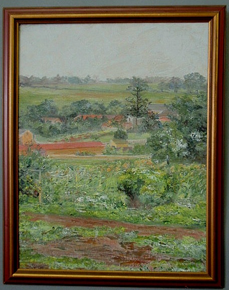 Appraisal: Oil on board landscape painting of a village and fields