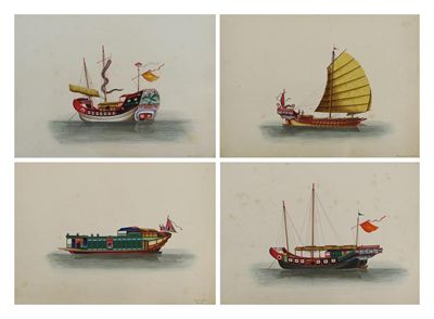 Appraisal: Four Chinese gouache paintings of Chinese boats flying their flags