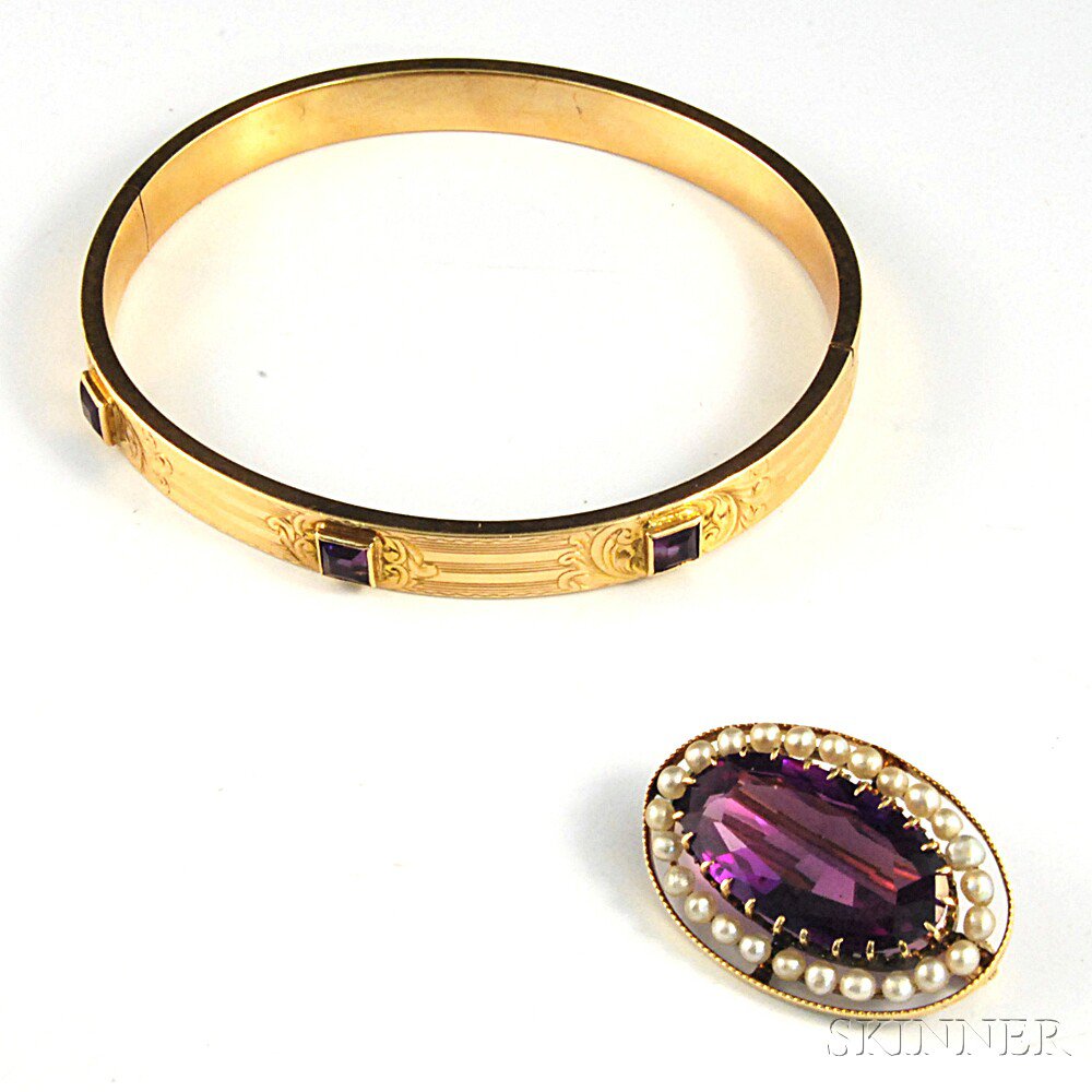 Appraisal: Two Pieces of kt Gold and Amethyst Jewelry a hinged