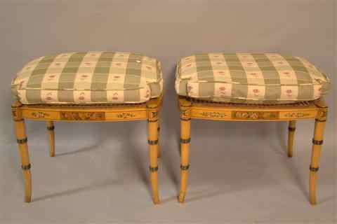 Appraisal: TWO PAINTED AND CANED BAMBOO STYLE STOOLS WITH SEPARATE CUSHIONS