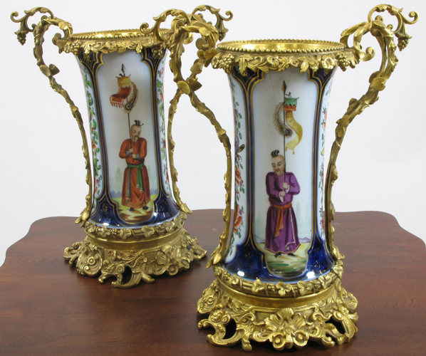 Appraisal: PAIR FRENCH GILT BRONZE URNS fitted with cylindrical hand painted