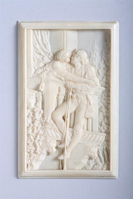 Appraisal: CONTINENTAL CARVED IVORY PLAQUE th century Finely carved to depict