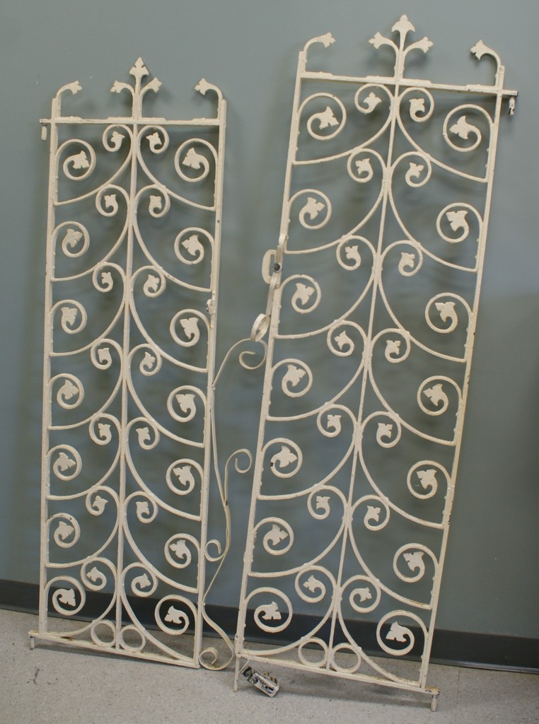 Appraisal: Pr painted wrought iron gates filigree design each panel w