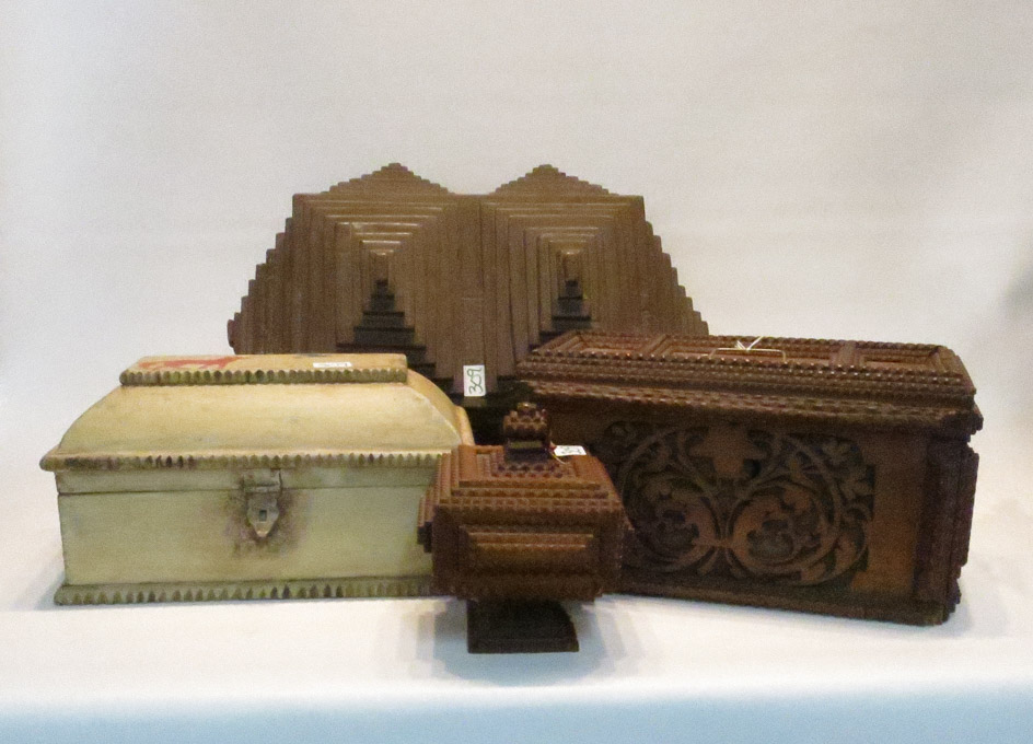 Appraisal: FOUR TRAMP ART BOXES three of hinge-top design and one