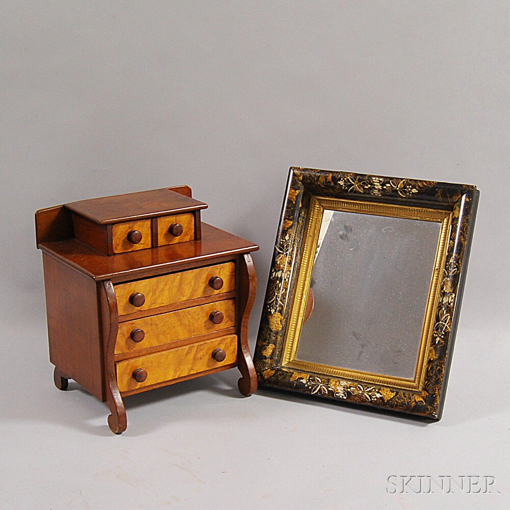 Appraisal: Classical Mahogany and Maple Miniature Chest and a Mirror the