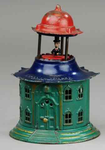 Appraisal: CUPOLA WITH BOWLING MAN MECHANICAL BANK Extremely rare green base