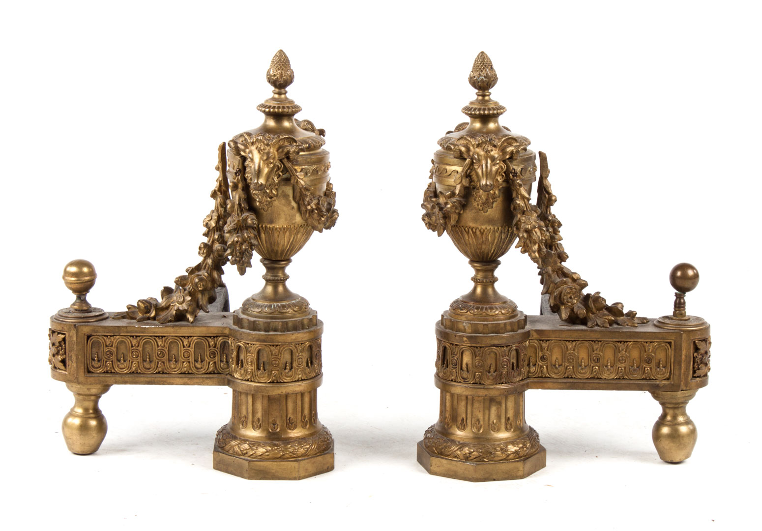 Appraisal: Pair French Empire style brass chenets urn form with floral