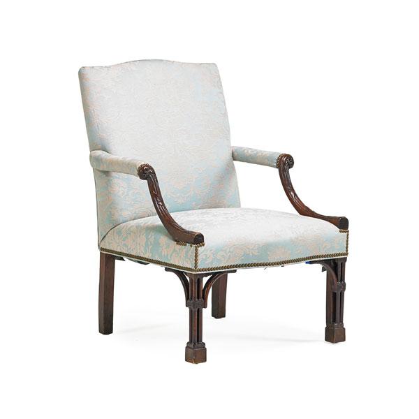 Appraisal: GEORGE III OPEN ARMCHAIR Mahogany seat and frame damask upholstered