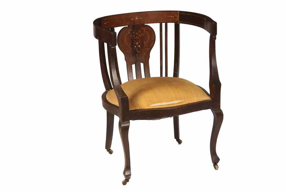 Appraisal: BOUDOIR CHAIR - s Lady's Mahogany Frame Boudoir Chair barrel