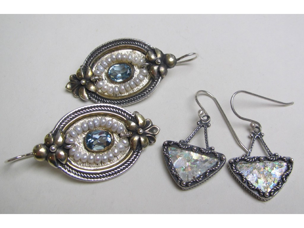 Appraisal: Pair of silver drop earrings with blue topaz and rice