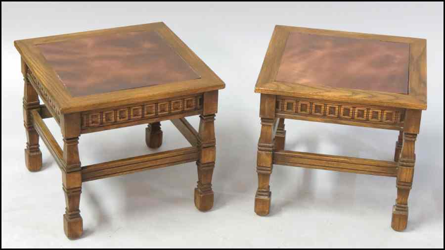 Appraisal: PAIR OF OAK AND COPPER SIDE TABLES H '' W