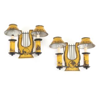 Appraisal: Pair Empire style yellow tole lyre back sconces Pair Empire